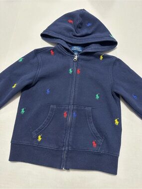 Kids 5 Navy Polo Ralph Lauren All Over Embroidered Pony Logo Full-Zip Hoodie